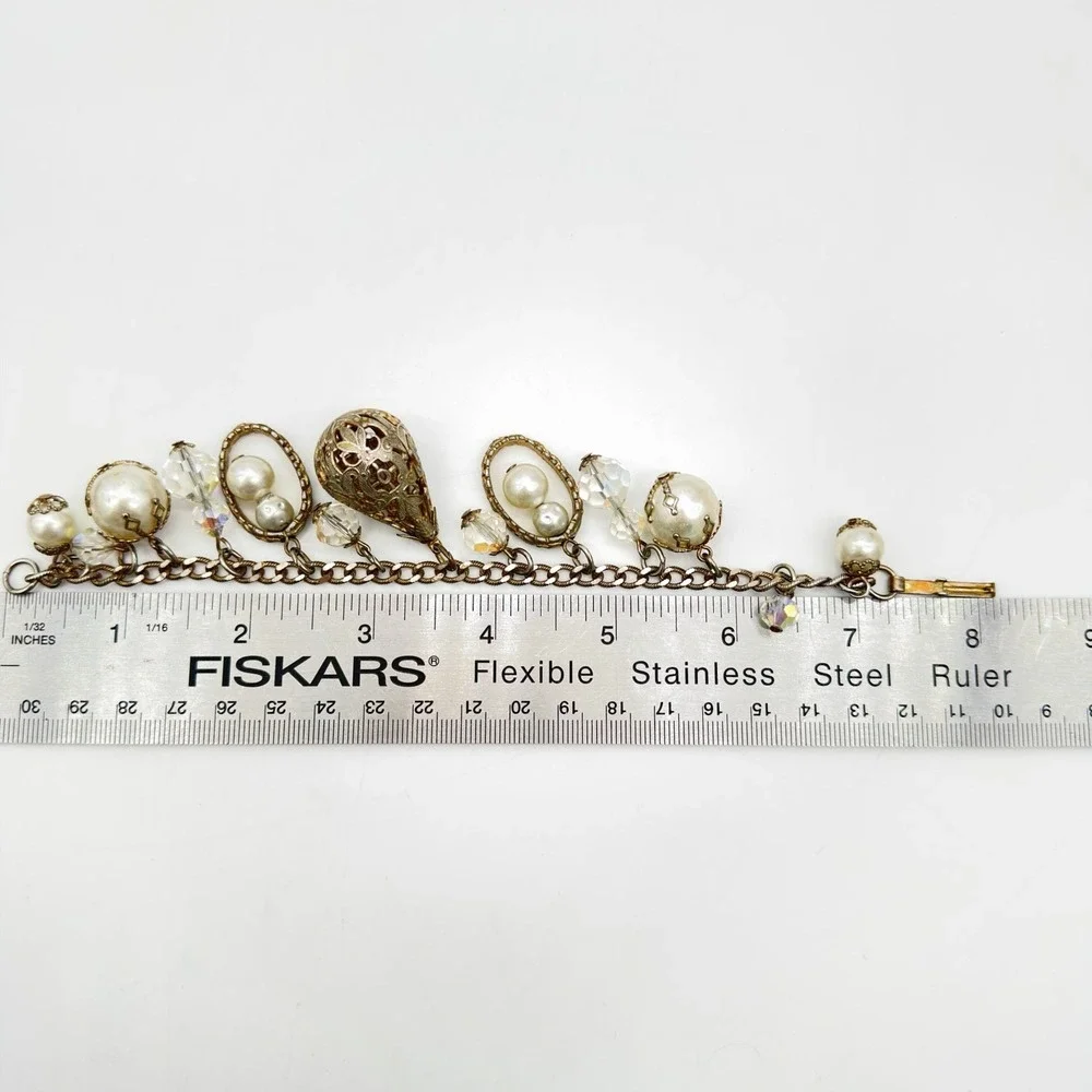 Vintage Charm Bracelet Dangling AB Crystal Faux Pearl Ball Filigree Read